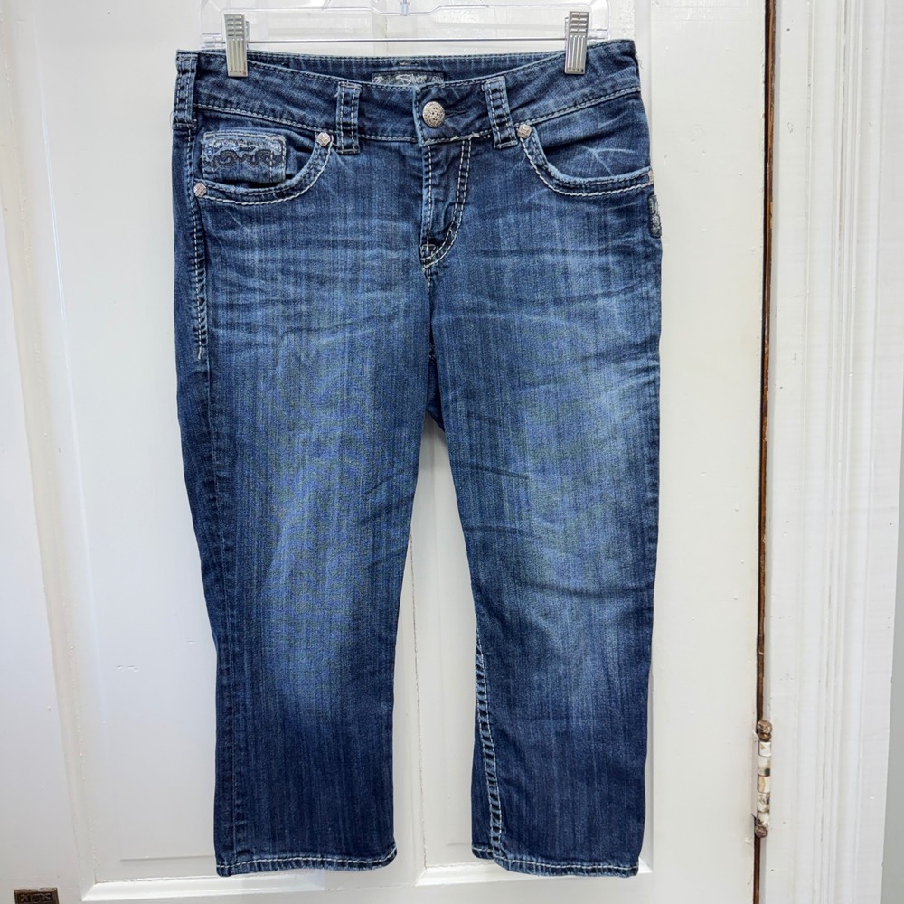 Silver Suki Flap Capri Jeans Women 29 Blue Sequined Embellished Pockets - Picture 2 of 9